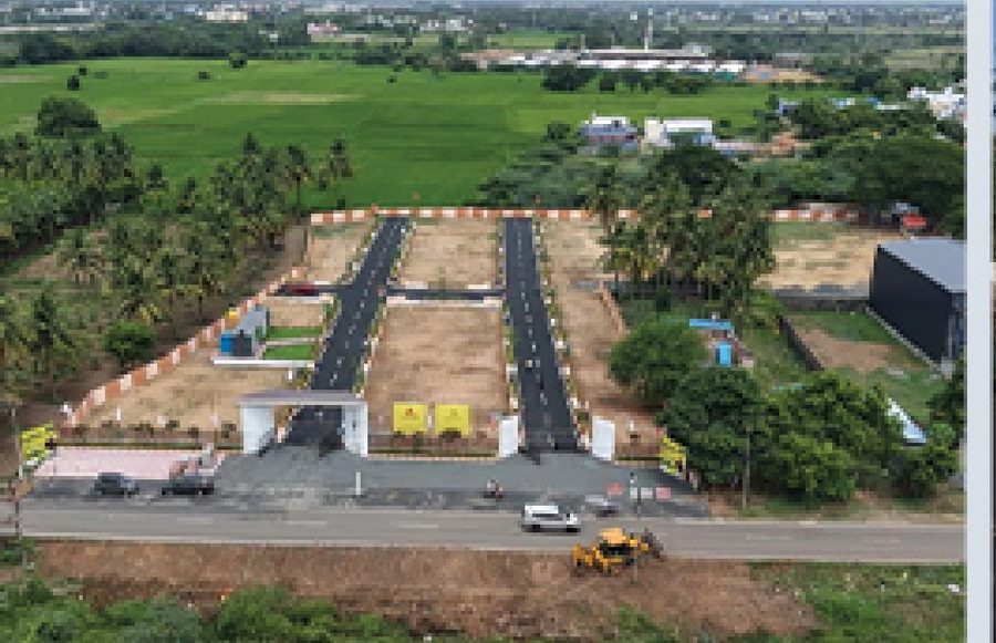 Aerial view of a completed Stellar Projects plotted residential layout with developed roads